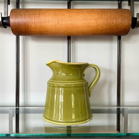 Sur La Table•5” Serving Pitcher•Hand-Painted•Olive Green~Butter Yellow Interior - Picture 3 of 12